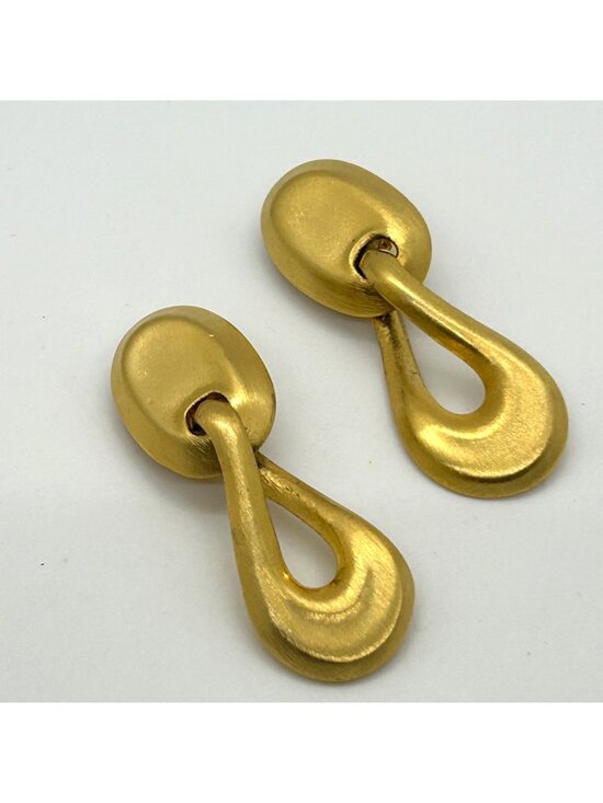 Estate Jewelry - Vintage Teardrop Dangle Clip-On Earrings Gold Tone Brushed Modernist Statement